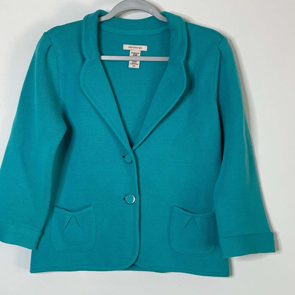 Covington Womens Knit Blazer Teal Green Size Medium 2 Button Jacket
